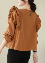 Coffee Wrinkled Patchwork Cotton Blouse O Neck Spring