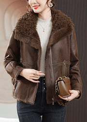 Coffee Zip Up Patchwork Fuzzy Fur Coats Fur Collar Long Sleeve