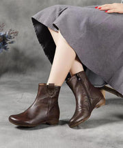 Coffee Zippered Splicing Comfortable Cowhide Leather Wedge Boots