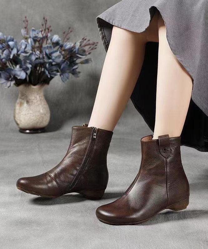 Coffee Zippered Splicing Comfortable Cowhide Leather Wedge Boots