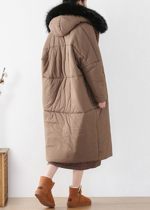 Chocolate Zippered Thick Hooded Maxi Parka Winter