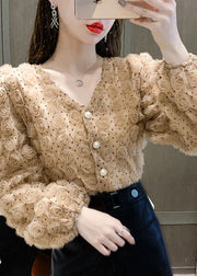Chocolate button Loose Tops V Neck Floral Long sleeve
