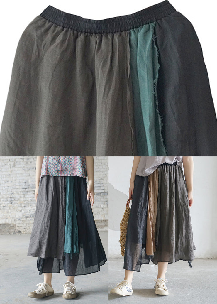 Chocolate pocket Patchwork Linen Skirt elastic waist Spring