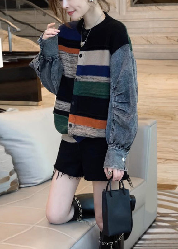 Colorblock Denim Patchwork Knitted Sweater Coat Women Autumn And Winter 2024