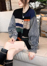 Colorblock Denim Patchwork Knitted Sweater Coat Women Autumn And Winter 2024