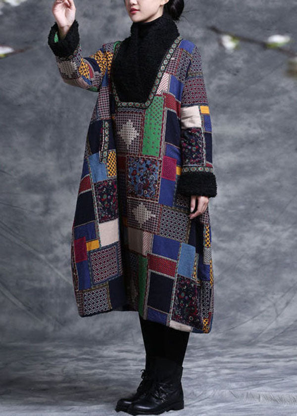 Colorblock Plaid Fine Cotton Filled A Line Dresses Teddy Faux Fur Collar Winter