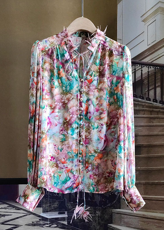 Colorblock Print Silk Shirt Wrinkled Patchwork Long Sleeve