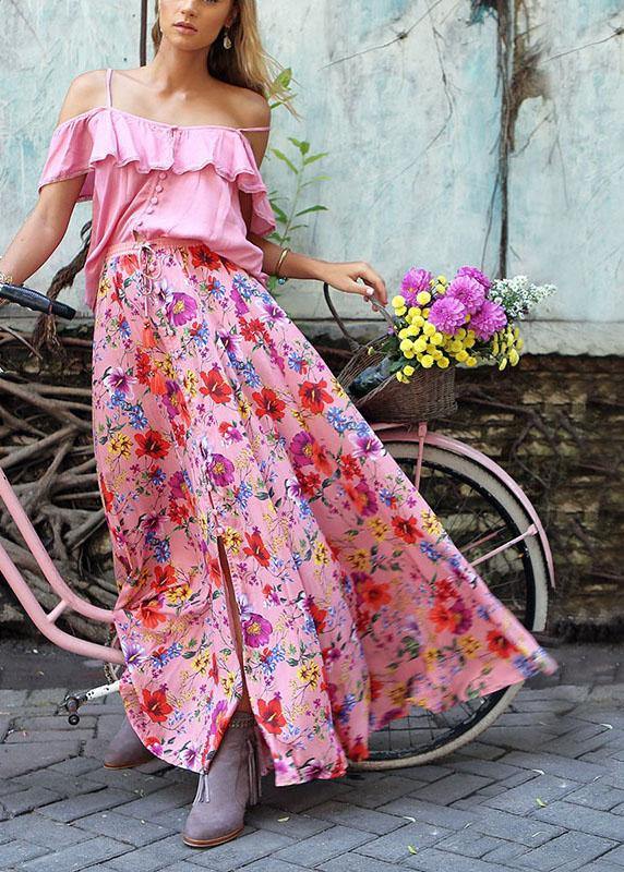 Colorful Floral Print Big Swing Elastic Waist Holiday Casual Long Skirt For Women - SooLinen