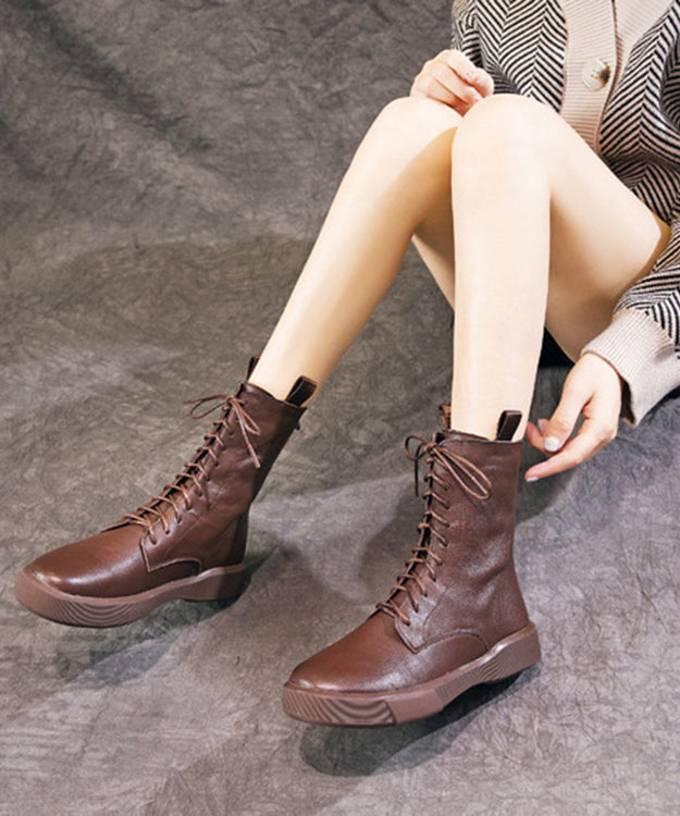 Comfortable Black Boots Platform Cowhide Leather Warm Fleece Lace Up Boots