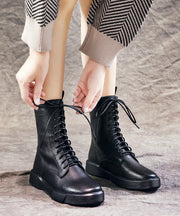 Comfortable Black Boots Platform Cowhide Leather Warm Fleece Lace Up Boots