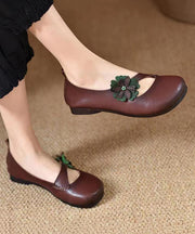 Comfortable Cowhide Leather Floral Splicing Green Flat Shoes For Women