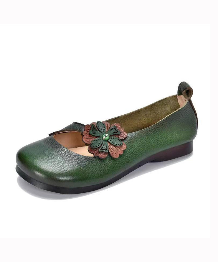 Comfortable Cowhide Leather Floral Splicing Green Flat Shoes For Women