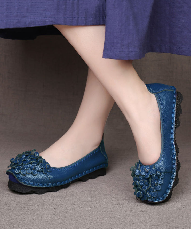 Comfortable Floral Splicing Flat Shoes Blue Cowhide Leather