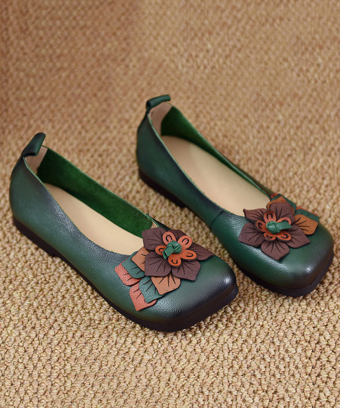 Comfortable Green Cowhide Leather Floral Splicing Flat Shoes