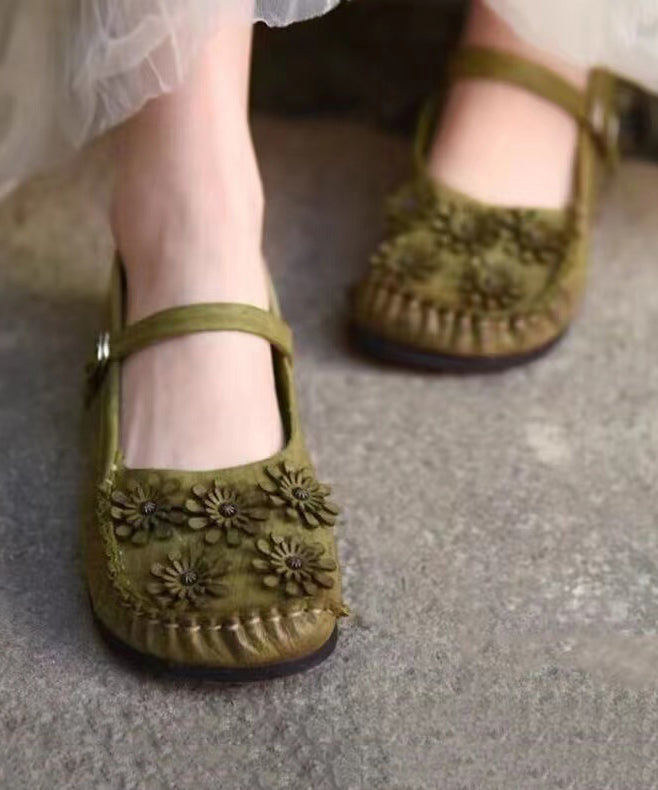 Comfortable Green Flat Feet Shoes Splicing Buckle Strap Floral
