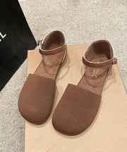 Comfortable Knit Fabric Flat Shoes Buckle Strap Splicing Brown