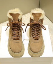Comfortable Platform Fuzzy Wool Lined Boots Brown Suede Cross Strap