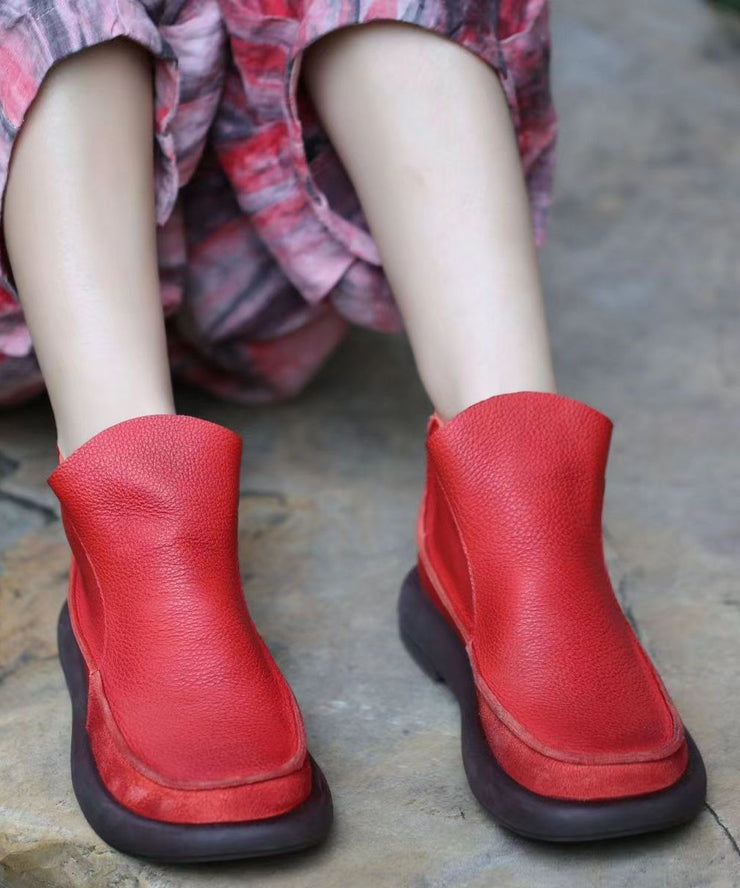 Comfortable Red Ankle Boots Cowhide Leather Splicing Zippered