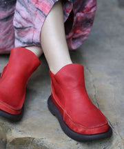 Comfortable Red Ankle Boots Cowhide Leather Splicing Zippered