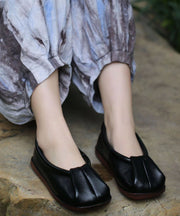 Comfortable Soft Black Cowhide Leather Flats Splicing Wrinkled