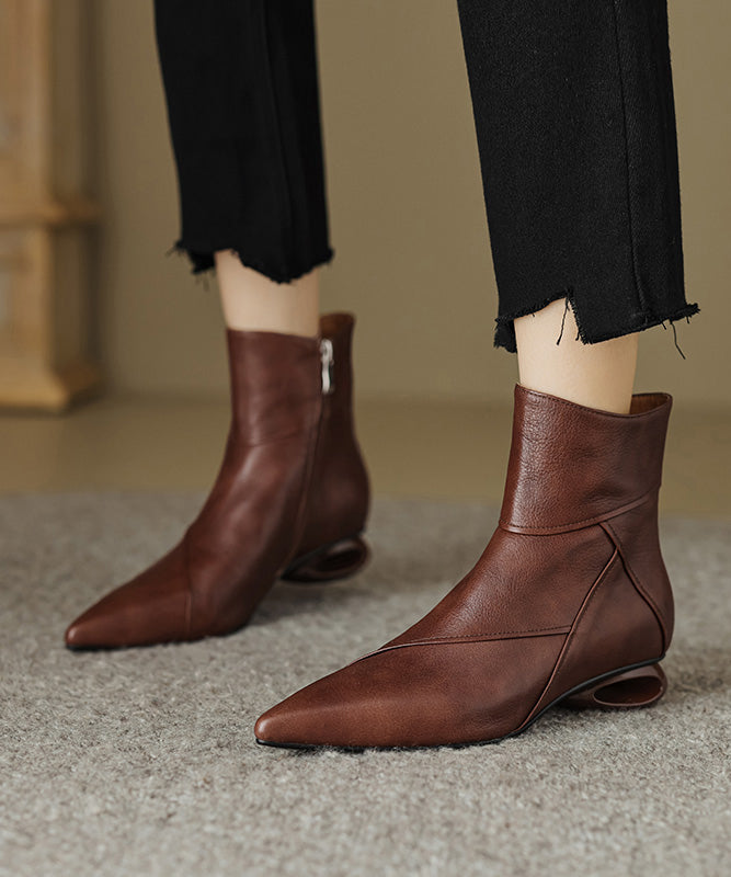 Comfortable Splicing Ankle Boots Brown Cowhide Leather Pointed Toe