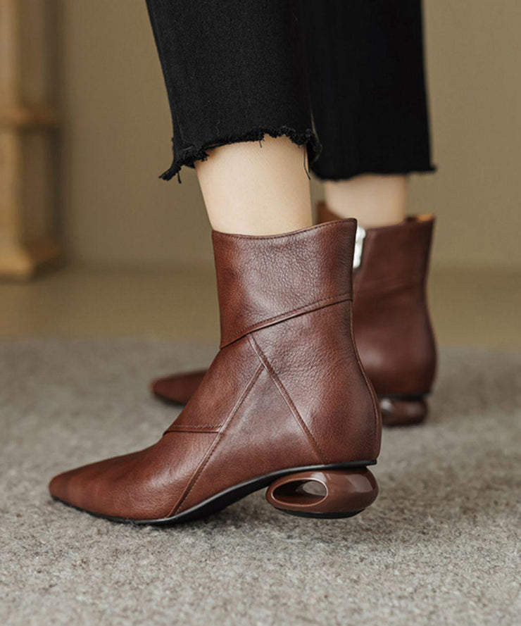 Comfortable Splicing Ankle Boots Brown Cowhide Leather Pointed Toe