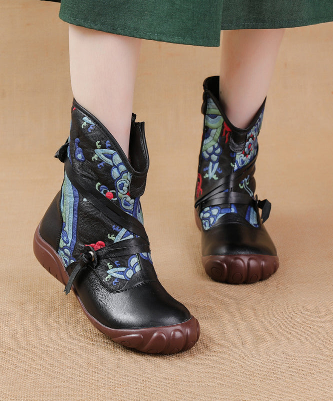 Comfortable Splicing Boots Black Retro Print Cowhide Leather