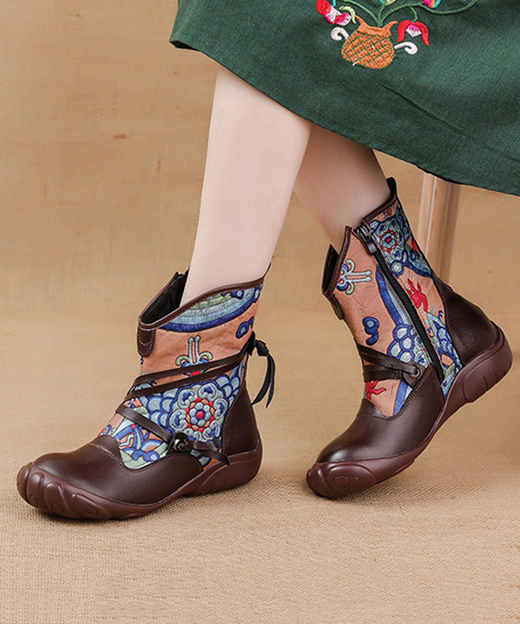 Comfortable Splicing Boots Black Retro Print Cowhide Leather