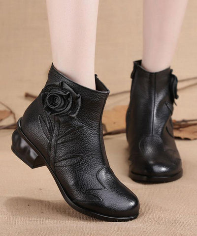 Comfortable Splicing Chunky Boots Black Cowhide Leather - SooLinen