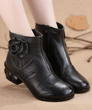 Comfortable Splicing Chunky Boots Black Cowhide Leather - SooLinen