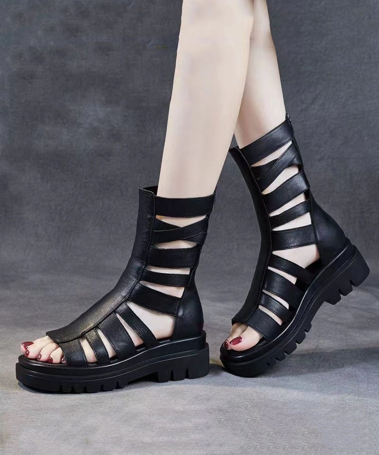 Comfortable Splicing Hollow Out Peep Toe Platform Boots Black Cowhide Leather