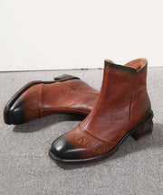 Comfortable Splicing Zippered Chunky Boots Brown Cowhide Leather