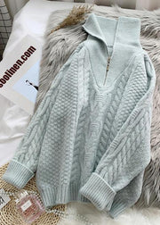 Comfy  light green knitted blouse trendy plus size high neck zippered knit tops - SooLinen
