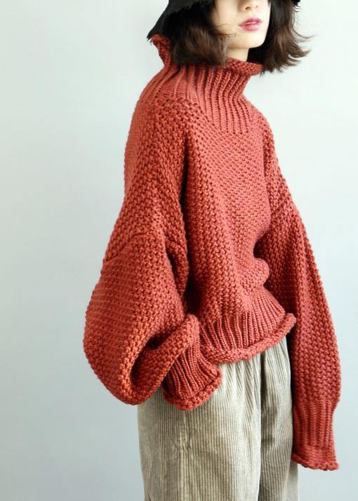 Comfy  red knit tops fall fashion high neck lantern sleeve top - SooLinen