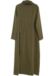 Comfy Army Green Drawstring Asymmetrical Design Side Open Dress Fall - SooLinen