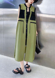 Comfy Army Green Patchwork Button Tie Waist Summer Long Dress - SooLinen