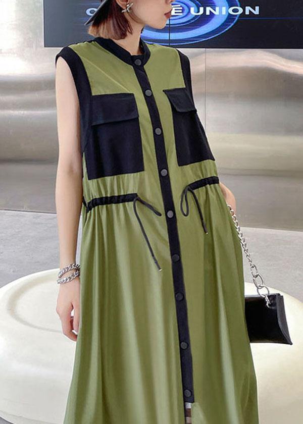 Comfy Army Green Patchwork Button Tie Waist Summer Long Dress - SooLinen