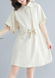 Comfy Beige tie waist Cotton Button Summer Day Dress - SooLinen