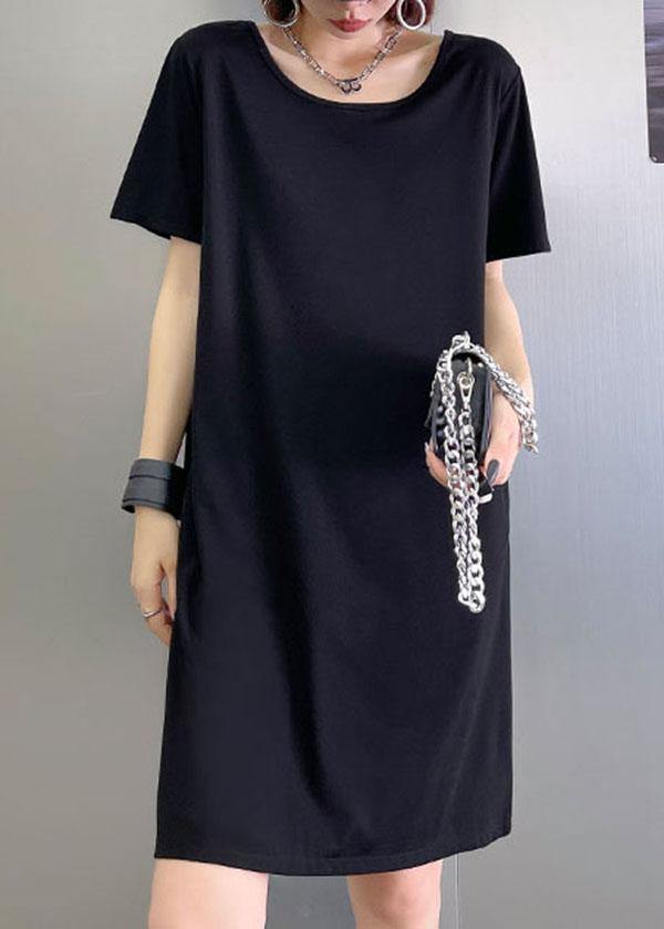 Comfy Black Backless U Neck Maxi Dresses Short Sleeve Cotton - SooLinen