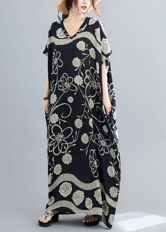 Comfy Black Bat Wing Sleeve Print V Neck Summer Cotton Maxi Dresses - SooLinen