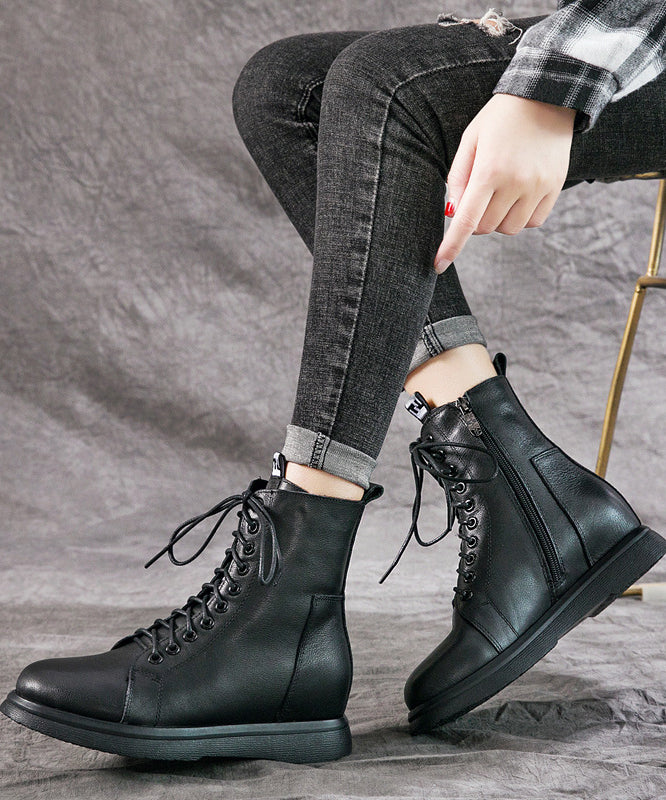 Comfy Black Cowhide Leather Boots Warm Fleece Lace Up Boots