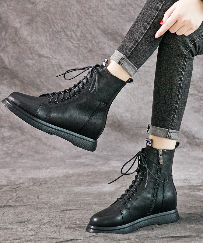 Comfy Black Cowhide Leather Boots Warm Fleece Lace Up Boots