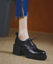 Bequeme High Heels aus schwarzem Rindsleder zum Schnüren mit Plattform-High Heels