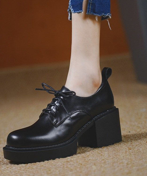 Comfy Black Cowhide Leather High Heels Lace Up Platform High Heels