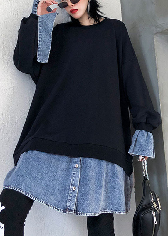 Bequemes schwarzes Patchwork-Knopf-Fall-Sweatshirt mit O-Ausschnitt