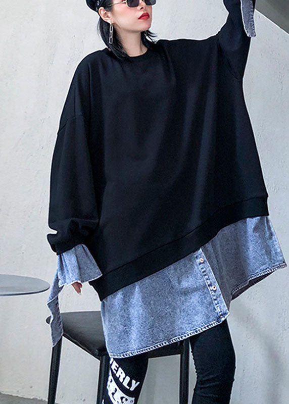 Bequemes schwarzes Patchwork-Knopf-Fall-Sweatshirt mit O-Ausschnitt