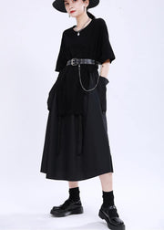 Comfy Black Patchwork Pockets Summer Cotton Dress - SooLinen