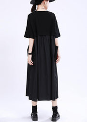 Comfy Black Patchwork Pockets Summer Cotton Dress - SooLinen