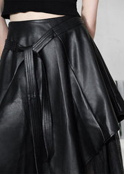 Comfy Black Patchwork Tulle Asymmetrical design PU Skirts - SooLinen