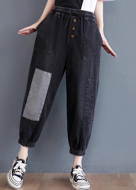 Comfy Black Patchwork jeans Summer Cotton - SooLinen